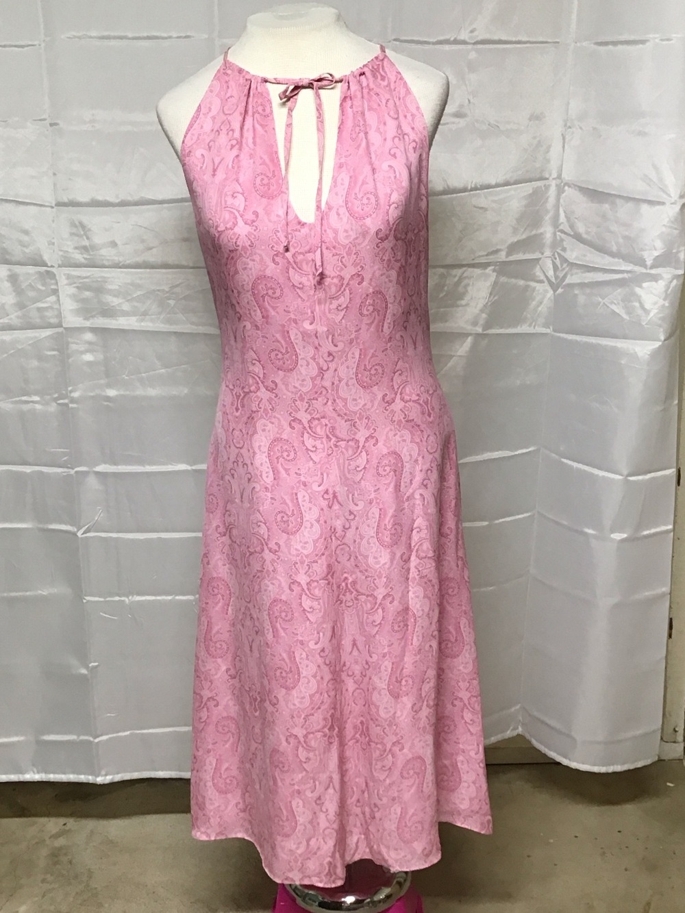 J. Crew 100% Silk Pink Paisley Sleeveless Halter Keyhole A-Line Midi Dress Sz 8